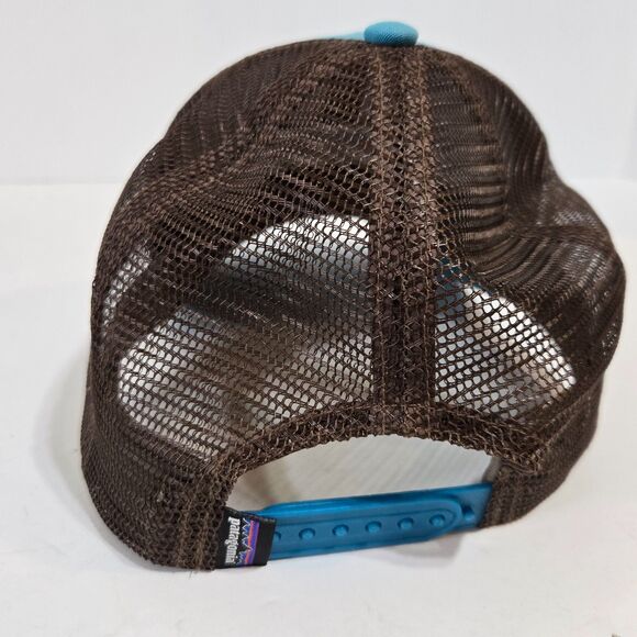 Patagonia Teal Blue SnapBack Mesh Ball Cap Truckers Hat Spellout Logo EUC - Picture 2 of 5